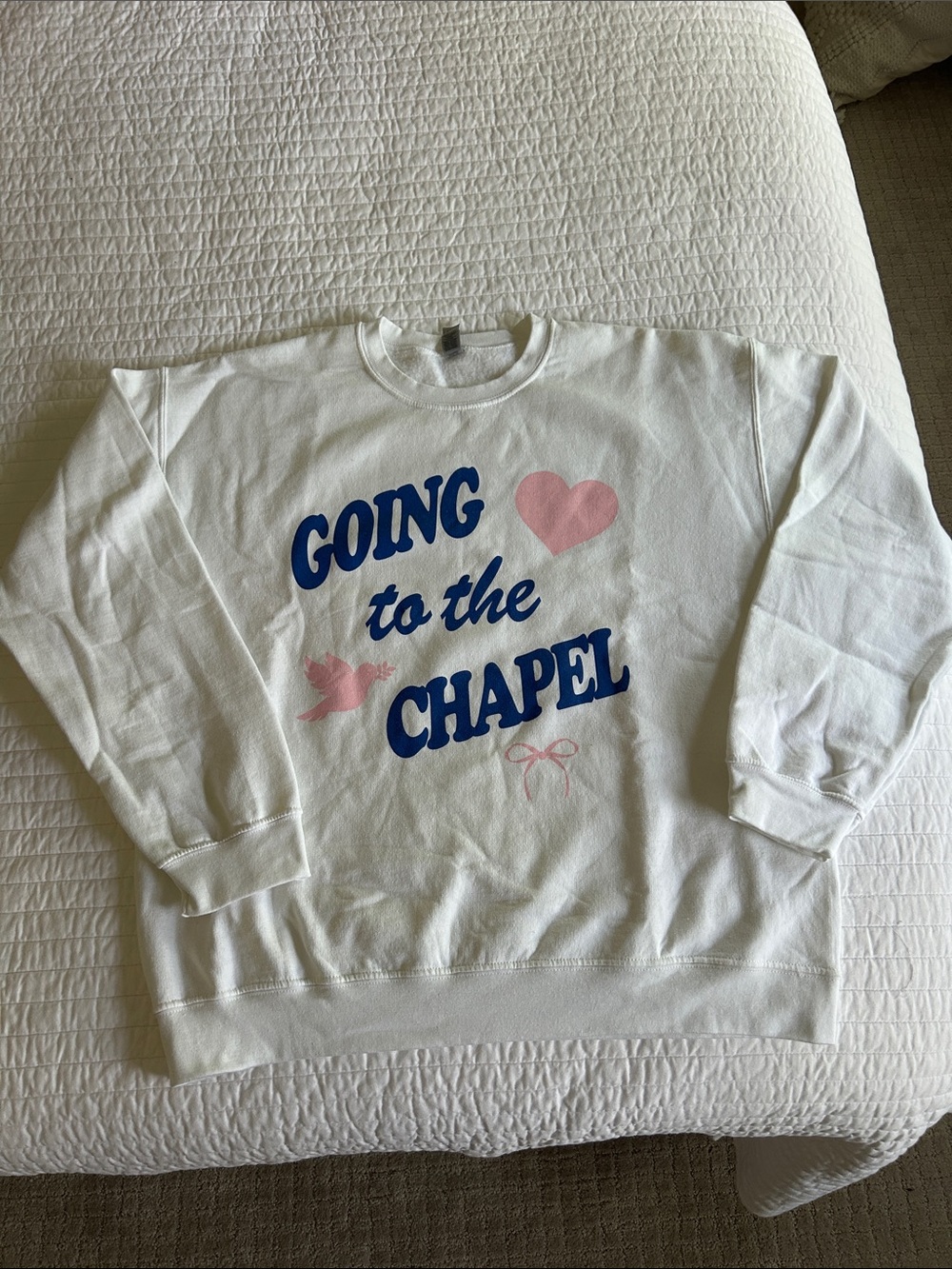 White 'Going to the Chapel' Crewneck Sweatshirt with Pink & Blue Graphic